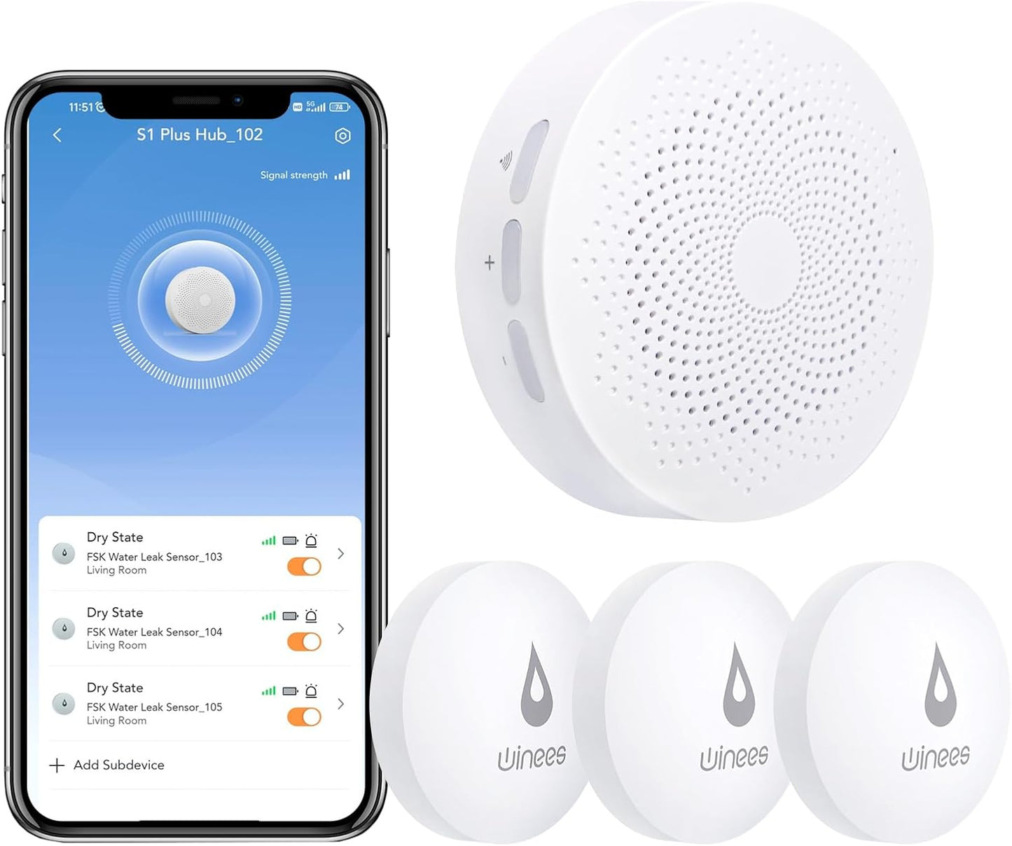 Winees WiFi Water Detector, 3 Pack Water Sensors with Leak Alert Email&SMS Notification, 100dB Adjustable Alarm, 100M Transmission for Basement, Bathroom, Laundry, IFTTT