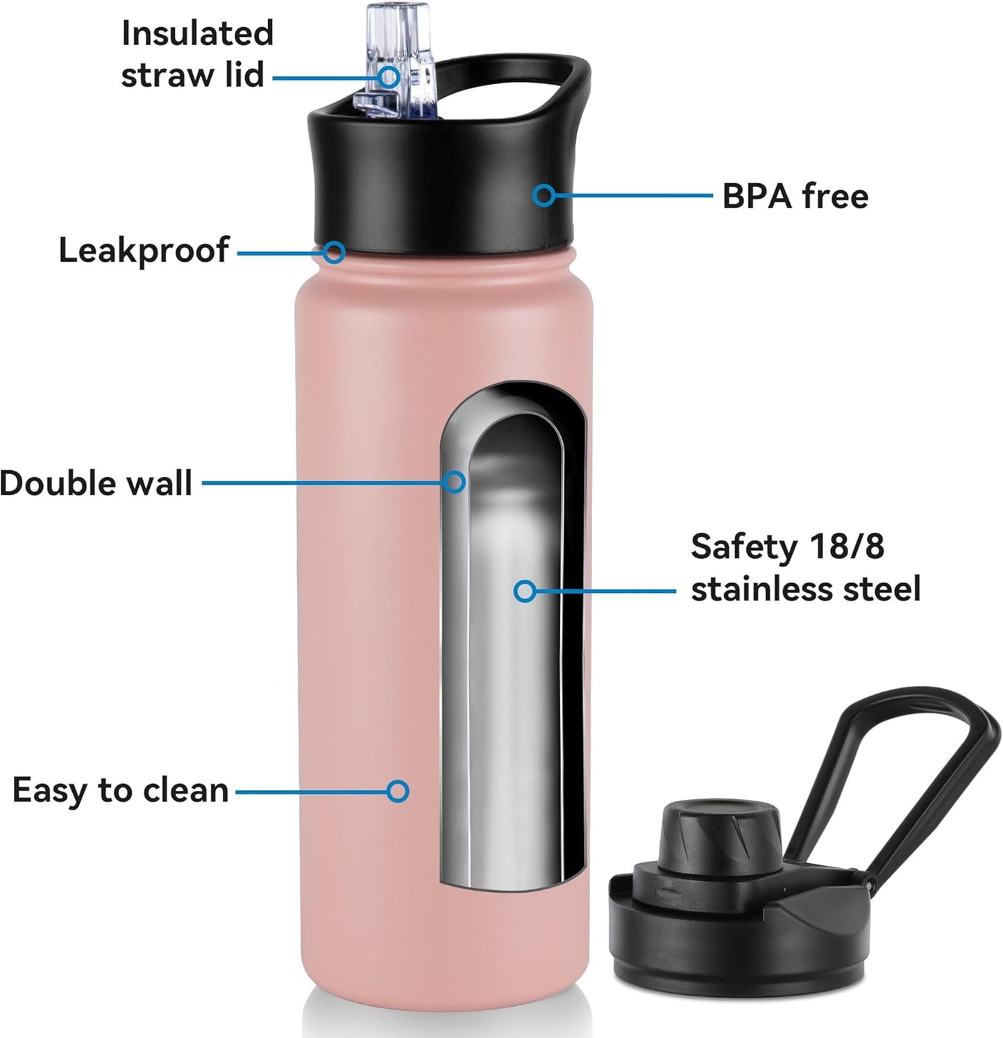 24oz Insulated Water Bottle with Straw Lid, Stainless Steel Metal Water Bottle with Straw & Wide Mouth Lid, Double Wall Vacuum for Hiking Camping, Peach 8 Pack