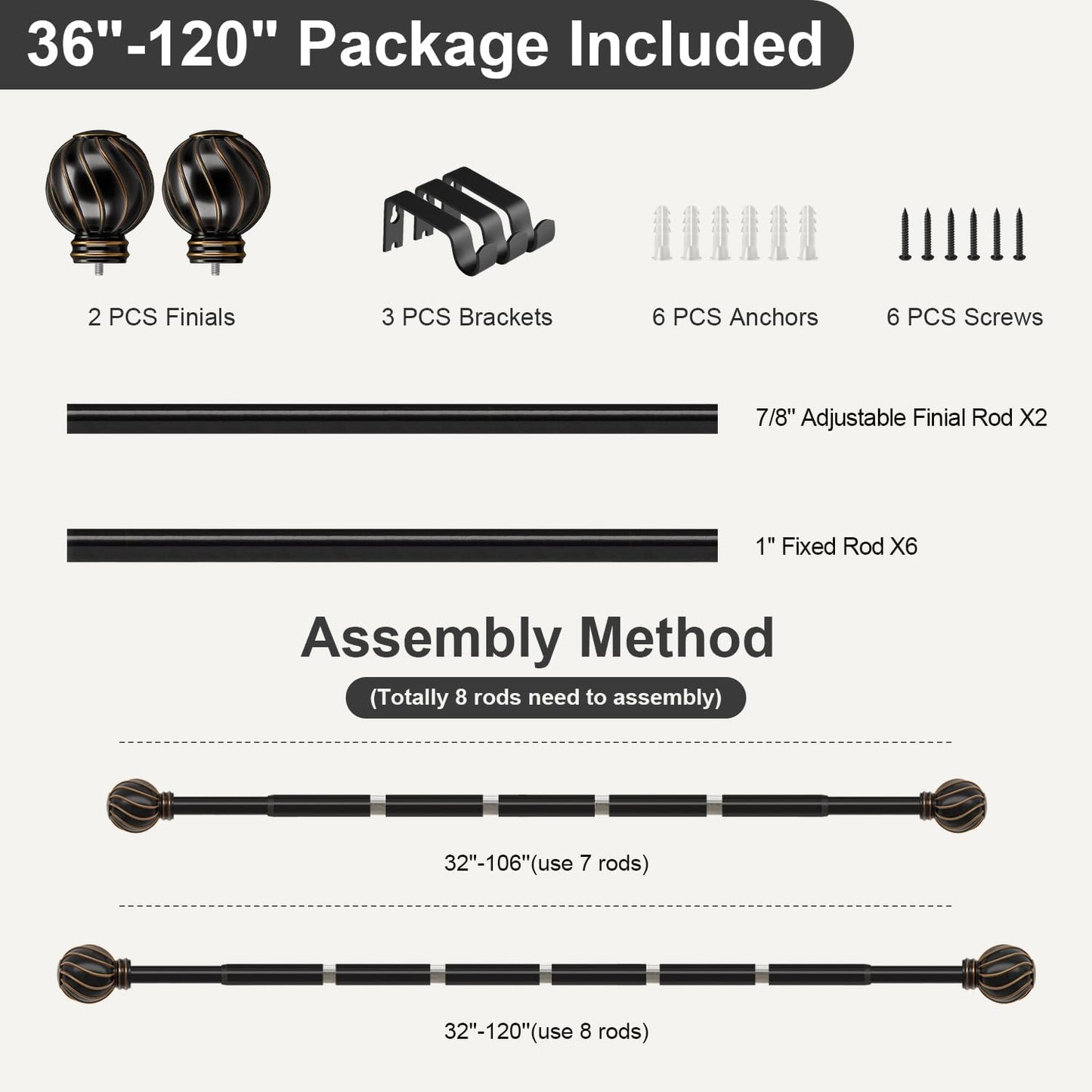 Black Curtain Rods for Windows 66 to 120 Inch 7/8" Diamete Heavy Duty Adjustable Window Curtain Rod with Decorative Finials for Farmhouse Bedroom Living Room Kitchen Outdoor