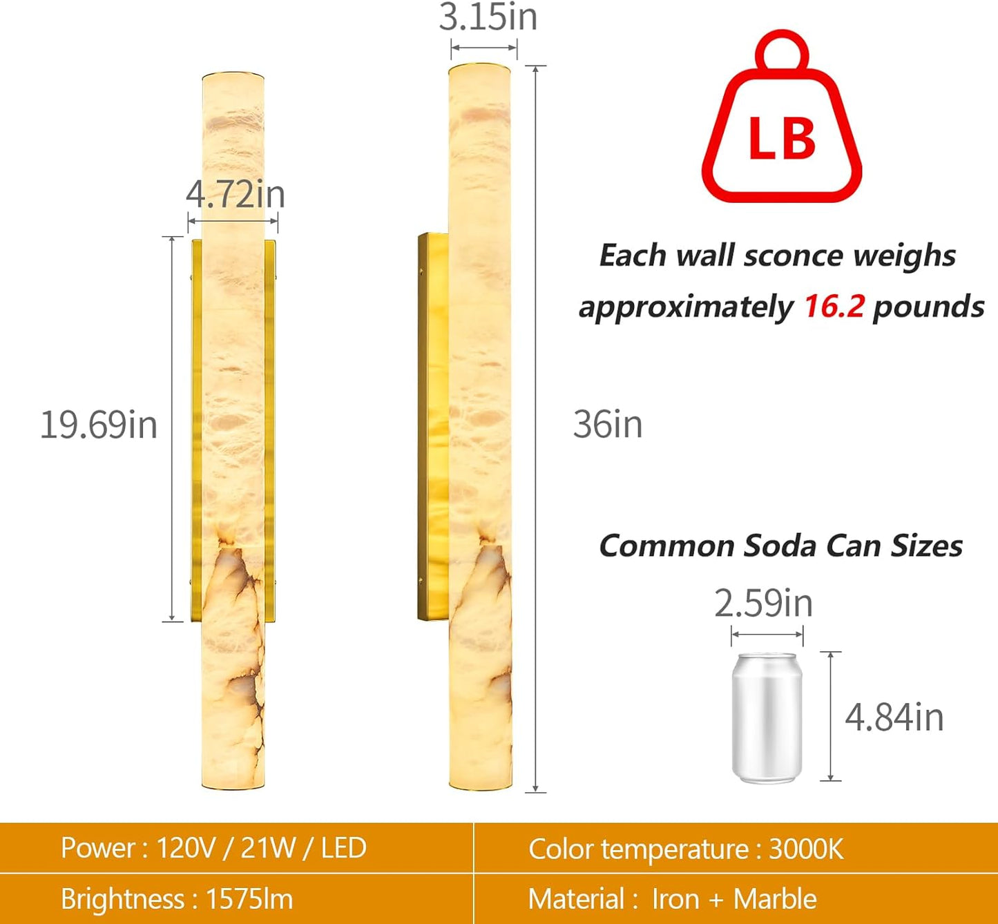 LMQNINE Natural Alabaster Wall Sconces Spanish Marble Wall Light Cylinder Modern Gold LED Sconce for Living Room Bedroom Bathroom Stairs（L-1Pack）