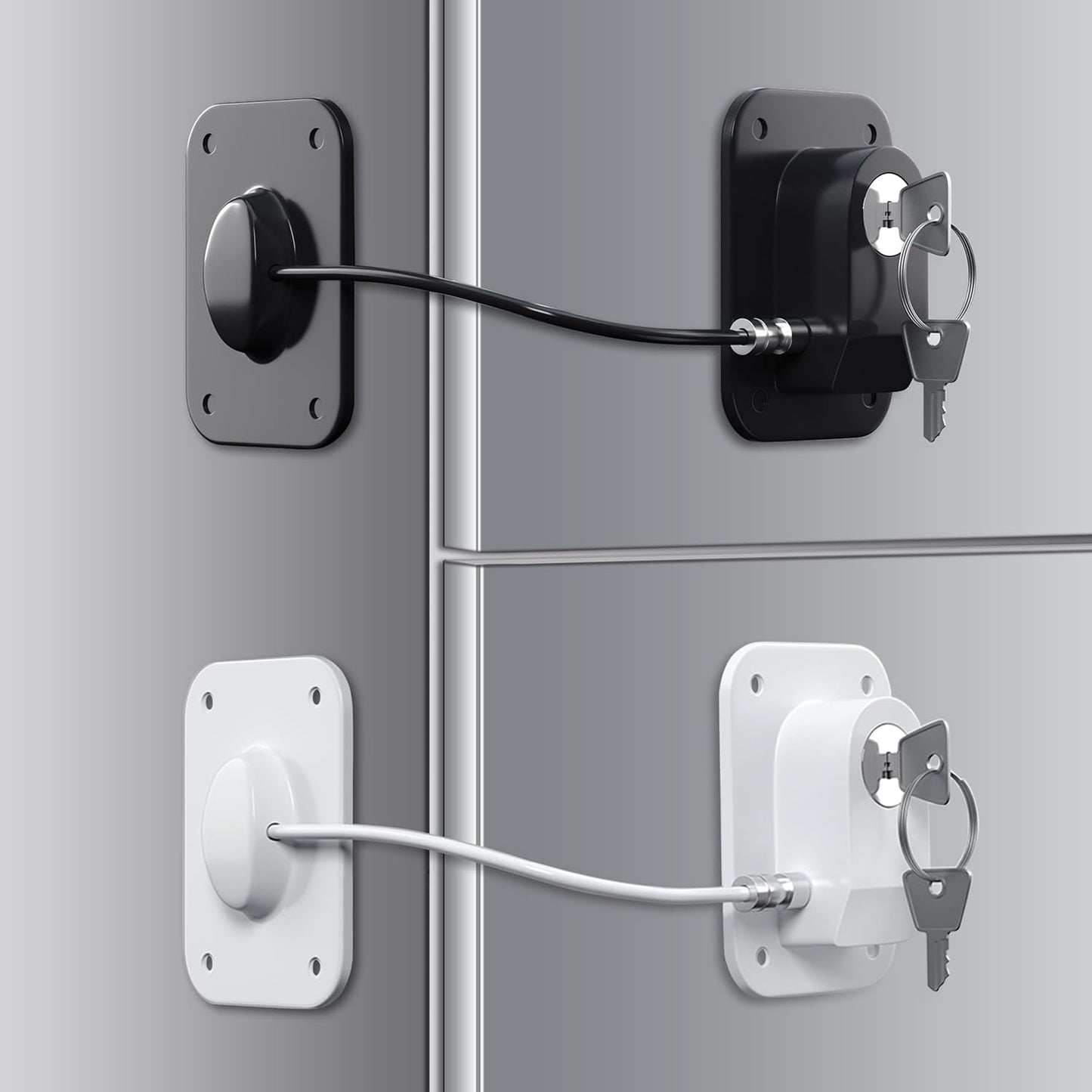 Refrigerator Lock 2 Packs, Baby Proofing Fridge Locks with Silicone Wire Protection & Key - Easy Install Surface-Friendly for Freezer & Refrigerator, Black & White
