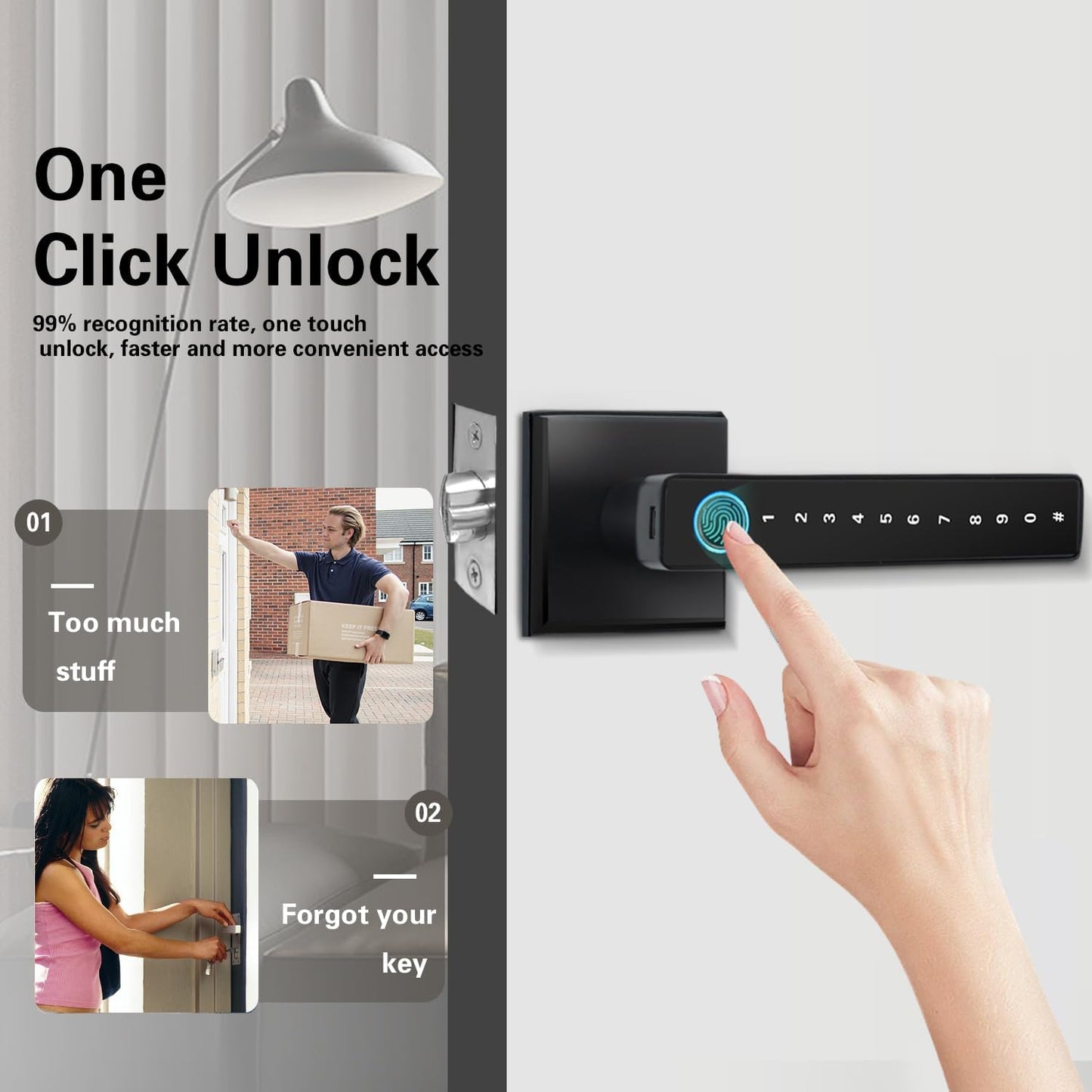 MINIA Keyless Entry Door Lock with Handle,Digital Door Knob,Smart Door Locks,Fingerprint Door Lock for Bedroom,Office and Hotel,Black Door Knobs