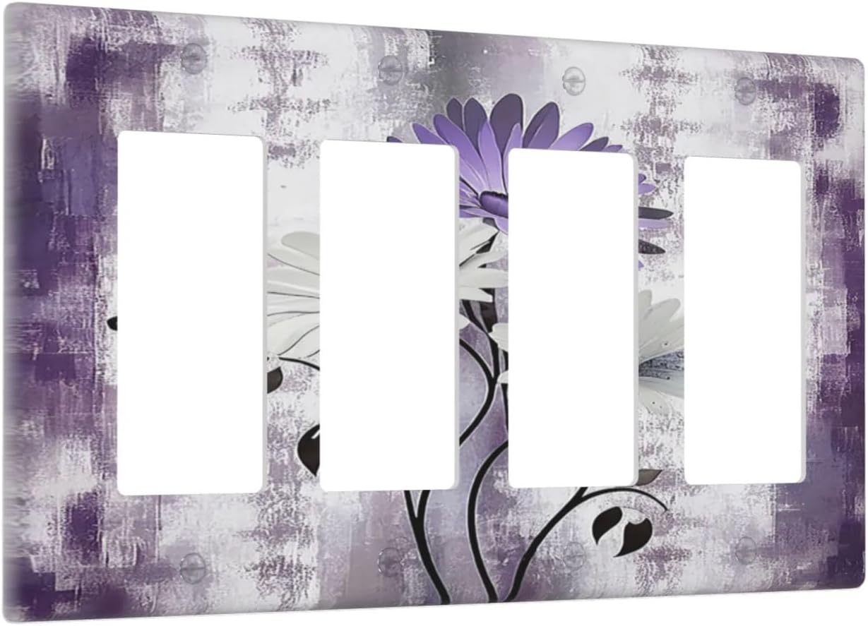 Purple Daisy White Floral Butterfly Flowers 4 Gang Wall Plates Outlet Covers Quad Rocker Light Switch Cover Plate Decorative Switch Plates GFCI Electrical Faceplate for Bathroom Bedroom 4.5 X 8 IN