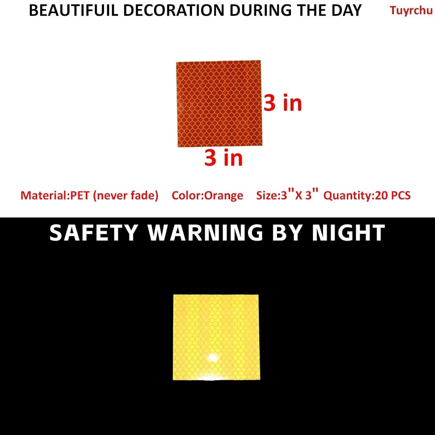 Non Fading Orange Reflective Stickers 3 inch X 3 inch, Outdoor Waterproof High Visibility Warning Safety Adhesive Reflector Tape (20 Pcs)