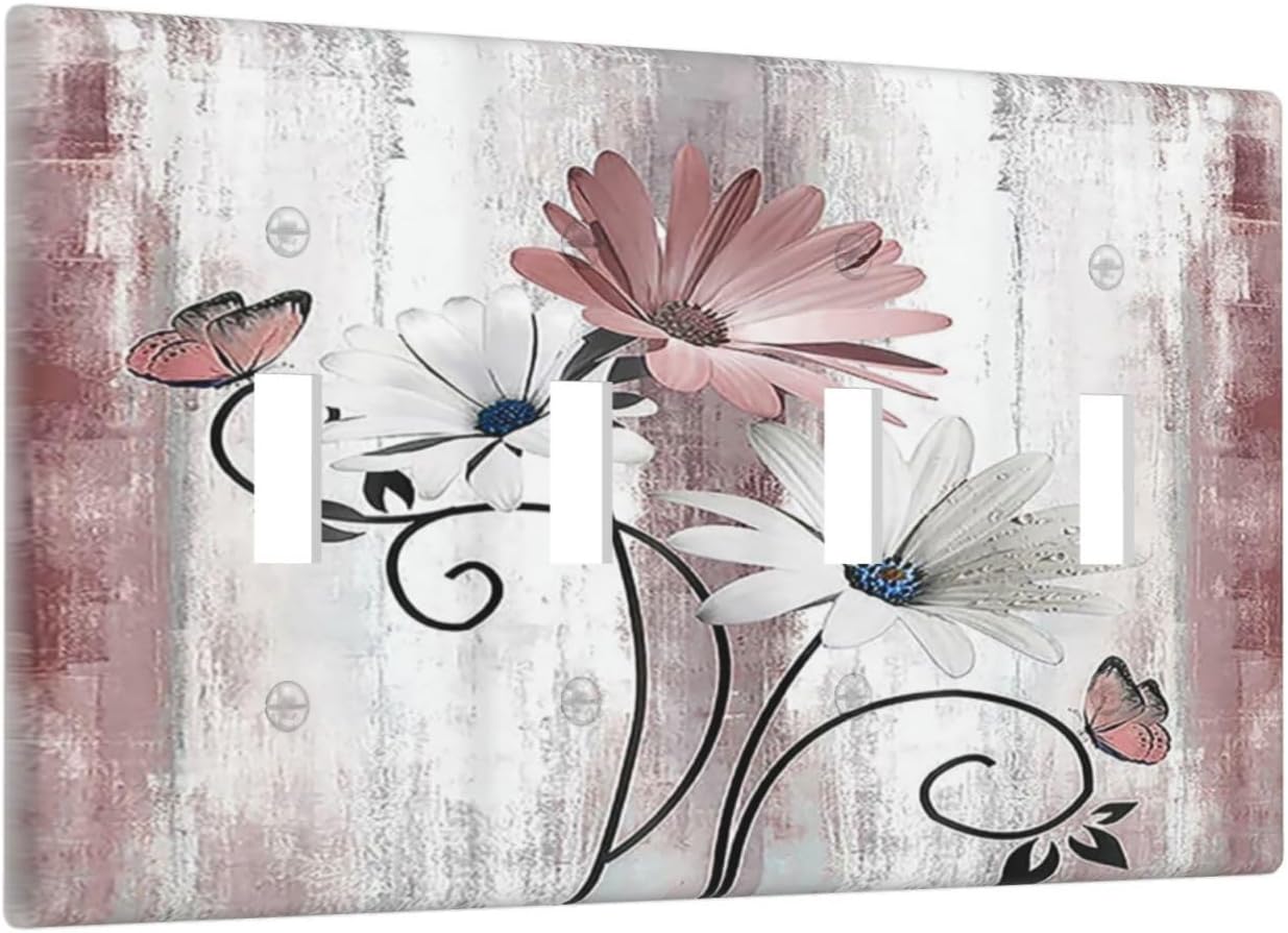 Light Switch Covers Pink White Daisy Butterfly Wood Grain Quad Toggle Electrical Faceplate 4 Gang Wall Plate Decorative Switch Plates for Farmhouse Bathroom Decor