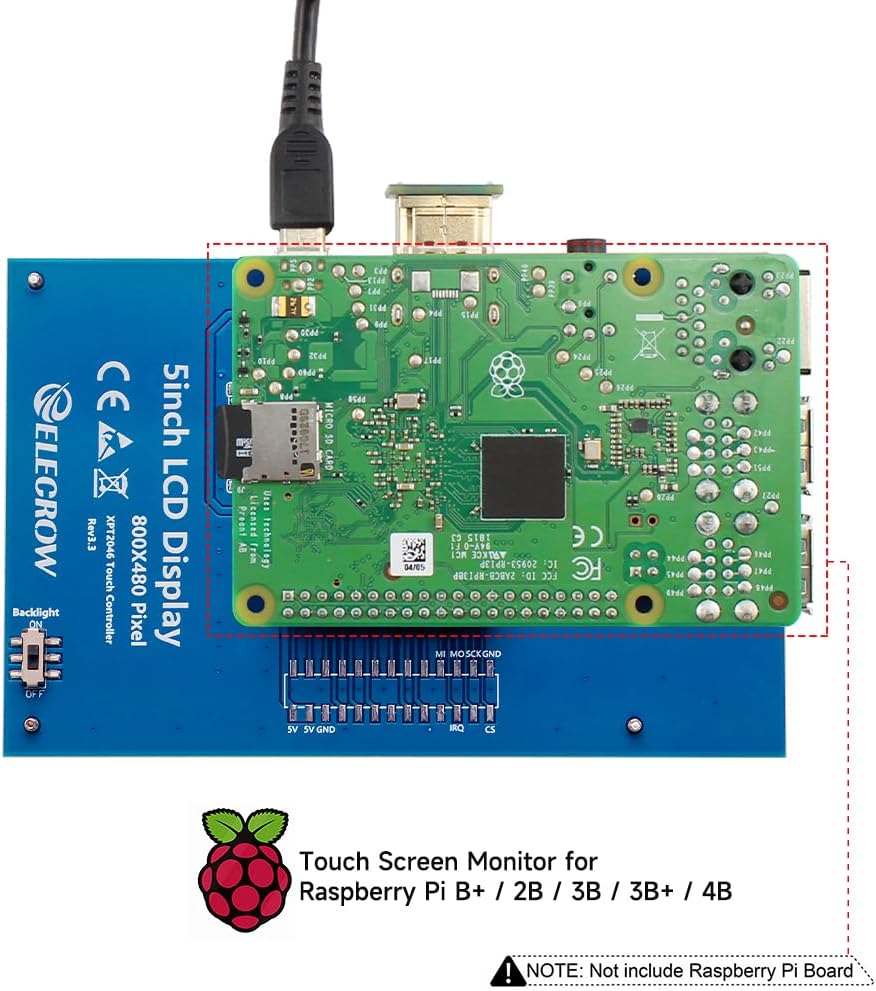 ELECROW 5-Inch Resistive Touch Screen TFT LCD Display, 800x480 HD Resolution, Compatible with Raspberry Pi 5/4/3/2B/Zero, Banana Pi, Jetson Nano, Windows 11/10/8/7