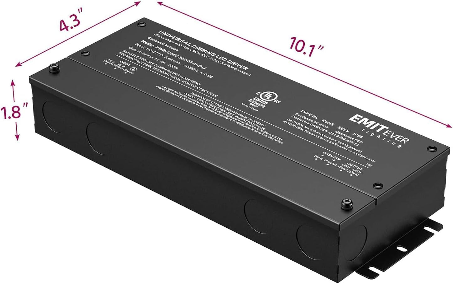 EMITEVER Dimmable Led Driver, 2 Packs 300W AC 110V-277V to DC 24V Transformer, 5-in-1 Dimming: ELV/MLV/TRIAC / 0-10V / 1-10V / 10V PWM/Potentiometer, Waterproof IP67 and UL Listed