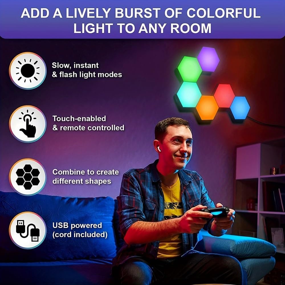 10 Pack Hexagon Light Panels - Smart RGB Hexagon LED Lights Wall Lights Remote Control Lights for Lving Room, Bedrooms, DIY Lovers, Gifts, Gaming Room, Kids