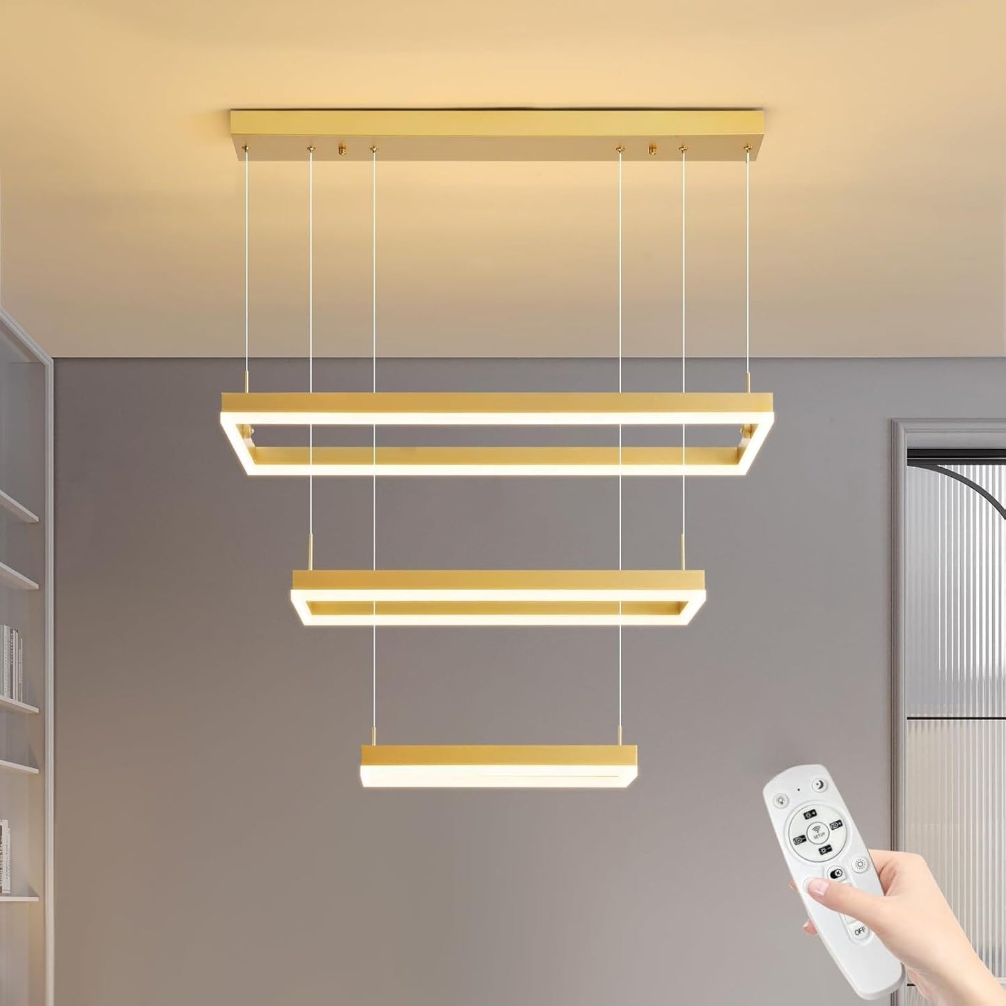 Modern Chandeliers for Living Dining Room, 3-Ring Rectangular LED Chandelier Light Fixture with Remote Control Dimming, Hanging Pendant Light with Adjustable Height, Gold