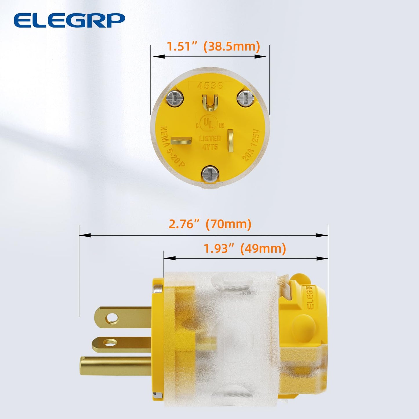 ELEGRP Lighted 20 Amp 125 Volt NEMA 5-20P 2 Pole 3 Wire Grounding Straight Blade Electrical Plug Replacement Cord Outlet Commercial Grade, Yellow, 2 Pack