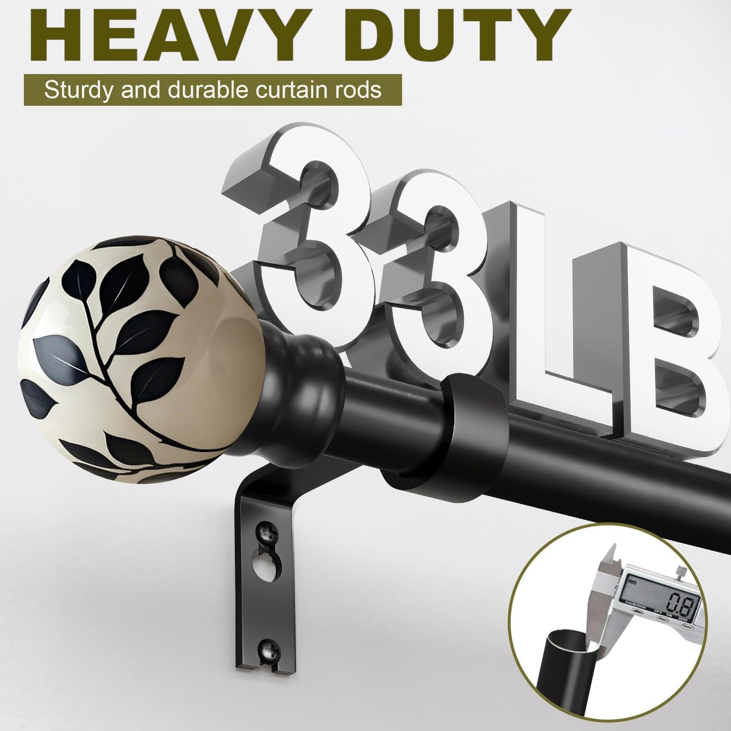 Ceramic Black Curtain Rods for Windows 28 to 48 Inches Adjustable Length Heavy Duty 1" Diameter Window Curtain Rod with Modern Leaf Pattern Decorative Finials for Bedroom Kitchen Living Room