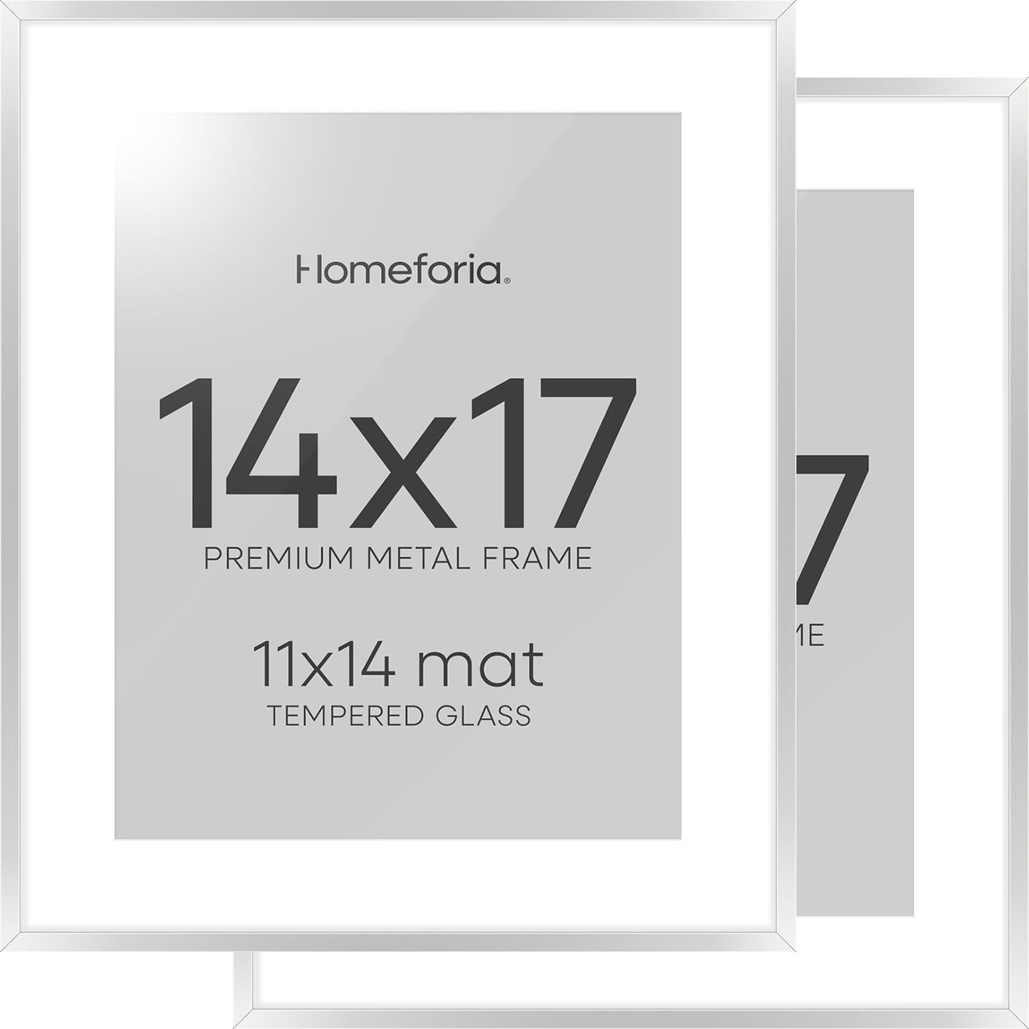 Homeforia Silver 14x17 Picture Frame, High End Metal 14 x 17 Frame with Mat 11 by 14 in Photo, 14x17 Silver Poster Frame Matted to 11x14 Print, 17x14 Hanging Frames, Tempered Glass, Wall Kit, Set of 2