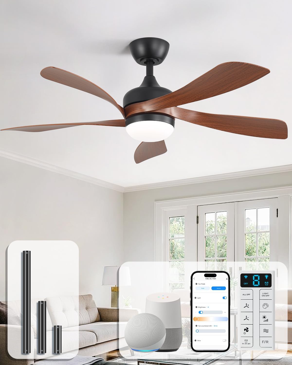 Sofucor 45" Smart Ceiling Fan, Indoor/Outdoor Ceiling Fans with Lights and Remote, Work with Alexa/Google/App, 3-Color Light 6-Speed Timing Reversible DC Motor for Bedroom Living Room Patio