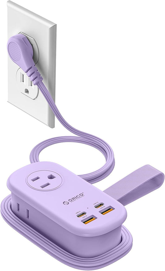 ORICO 65W GaN Travel Power Strip with 7-in-1 Charging Ports (3 AC Outlets/2 USB-A/2 USB-C), Flat Plug and 4FT Extension Cord, Fast Charger for MacBook Pro/Air, iPad Pro, iPhone 17/16/15- AP3