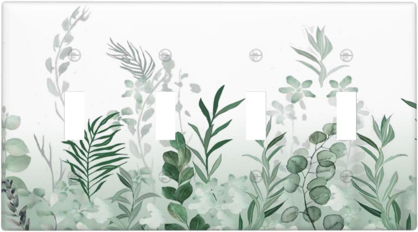 Watercolor Green Leaf Rustic Plant Eucalyptus Flowers Light Switch Covers Quad Toggle Electrical Faceplate 4 Gang Wall Plate Decorative Switch Plates for Bed Room Living Room Decor