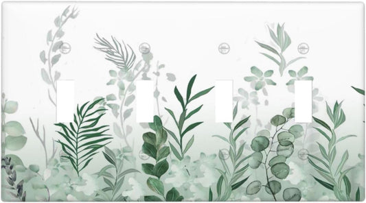 Watercolor Green Leaf Rustic Plant Eucalyptus Flowers Light Switch Covers Quad Toggle Electrical Faceplate 4 Gang Wall Plate Decorative Switch Plates for Bed Room Living Room Decor