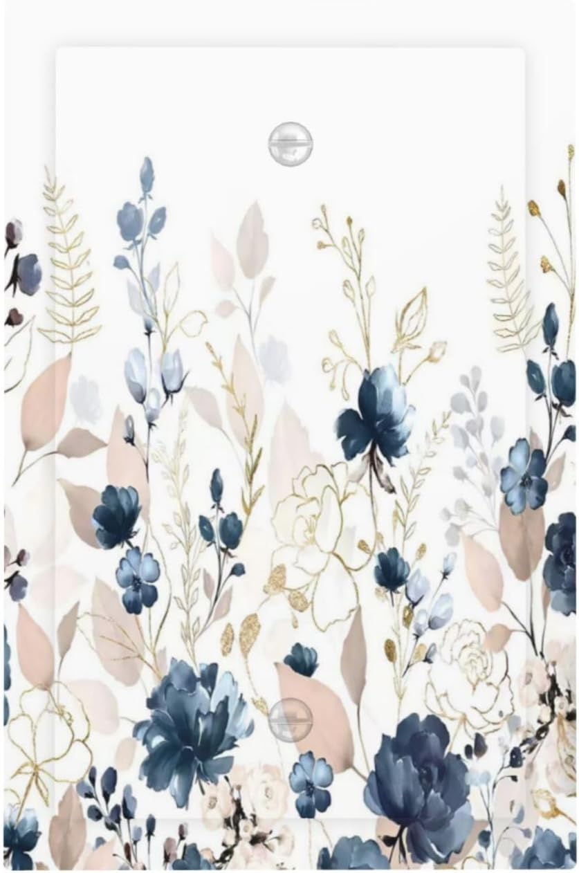 Blue Flora Boho Vintage Flower Golden Leaves Light Switch Cover Plate 1 Gang No Device Blank Electrical Wall Plates Faceplate Decorative Switch Plate Covers for Bedroom Living Room Decor