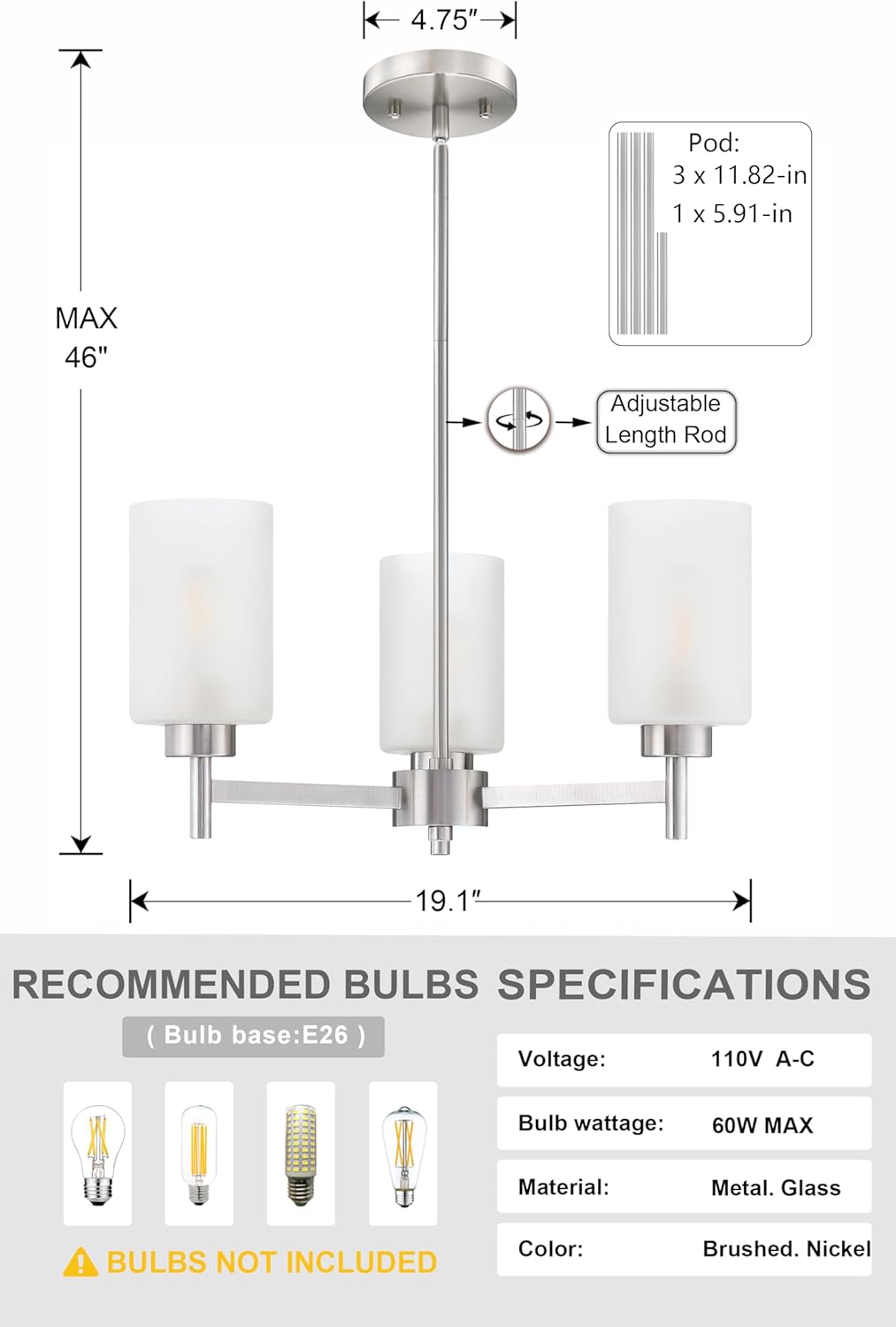 Doraimi Lighting 3 Light Chandelier Frosted Glass Shade Classic Style Ceiling Pendant Light Fixture Brushed Nickel Finish for Meeting Room Dining Room Over Table Living Room