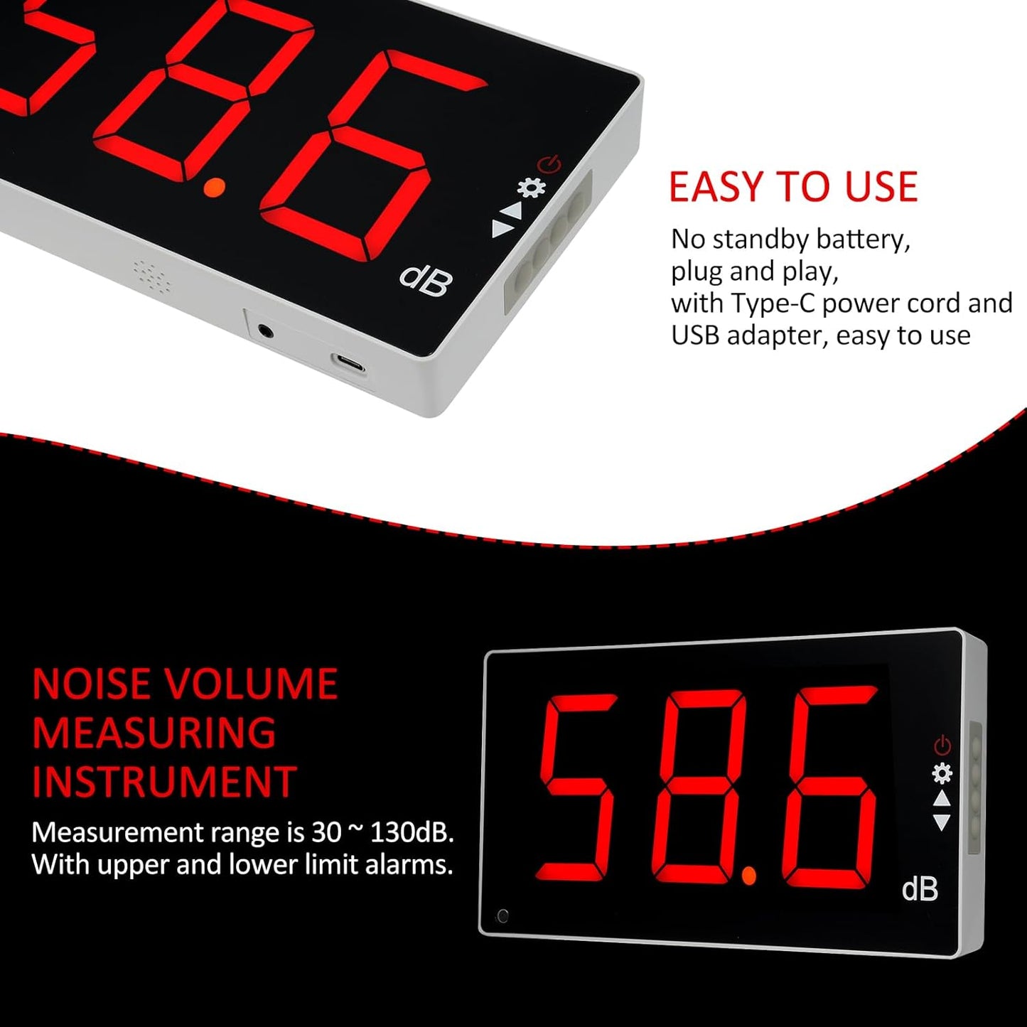 Sound Level Meter with Large LCD Screen Wall Mounted Digital Noise Meter Decibel Monitoring Tester Noise Volume Measuring Instrument 30-130dB Measuring Range with Sound Alarm
