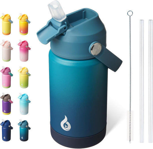 BJPKPK Insulated Water Bottle with Straw Lid, 12oz Thermo Water Bottles with Soft Nozzle, Flex Handle & Non-slip Boot, BPA Free Leak Proof Stainless Steel Metal Thermo, Tumblers, Cups,Vast