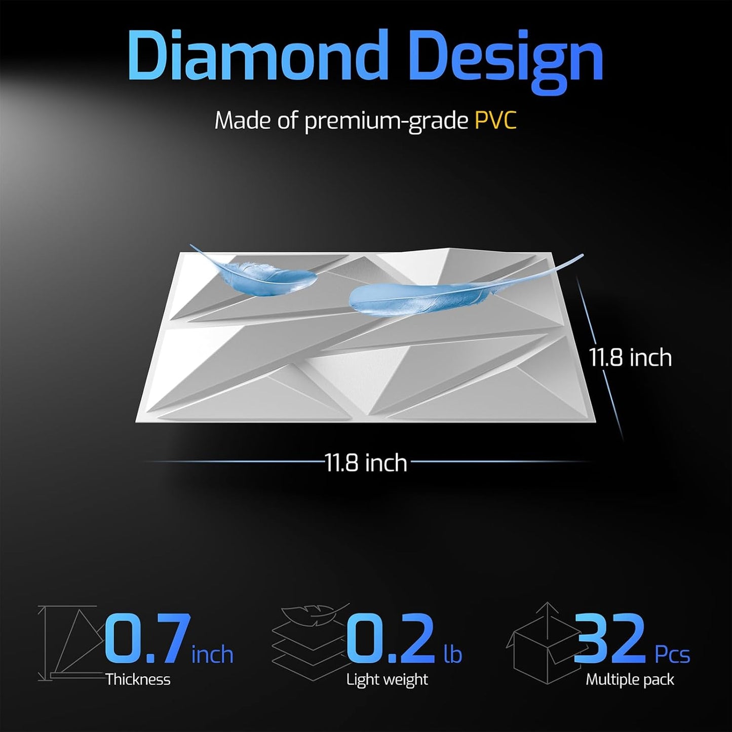 32 Pack White 3D Wall Panels for Interior Wall Decor, 11.8'' x 11.8'' Decorative Wall Panels, Accent Wall Panels, 3D Diamond Design Wall Decor for Living Room, Bedroom, Gaming Room
