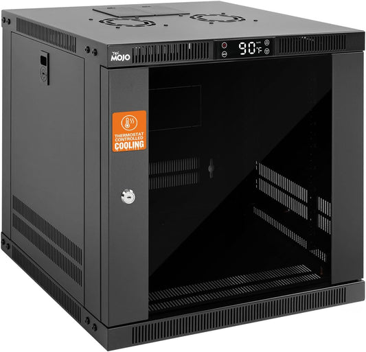 Tecmojo 9U Wall Mount Rack with Thermostat, 17.7inch Depth Enclosed Server Cabinet with 2 Cooling Fans,Lockable Door & Hardware,9U Rack for 19inch Equipments,Glass Door