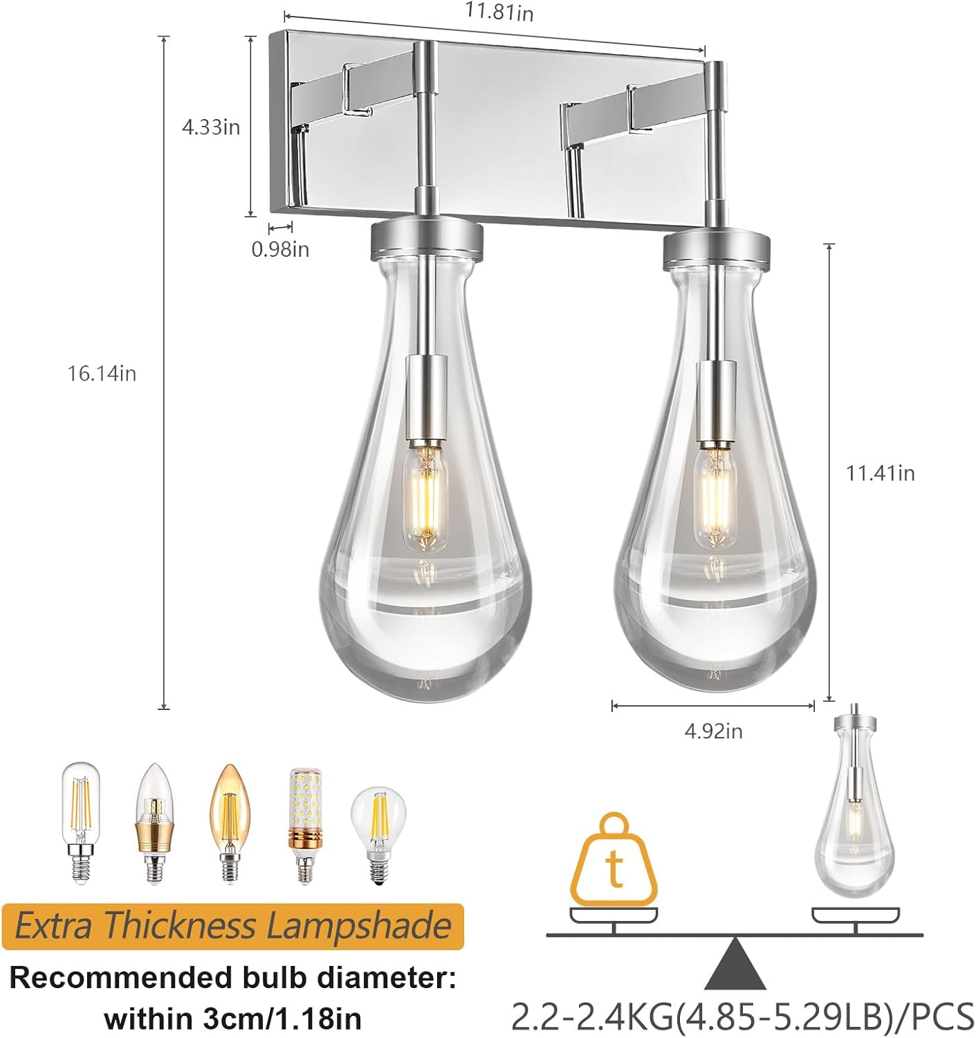 Raindrop Wall Sconces Chrome Crystal Sconces Wall Decor Modern Lighting Glass Bathroom Sconces Indoor Vanity Light Wall Lamp for Bedroom Living Room Stair(2-Light)
