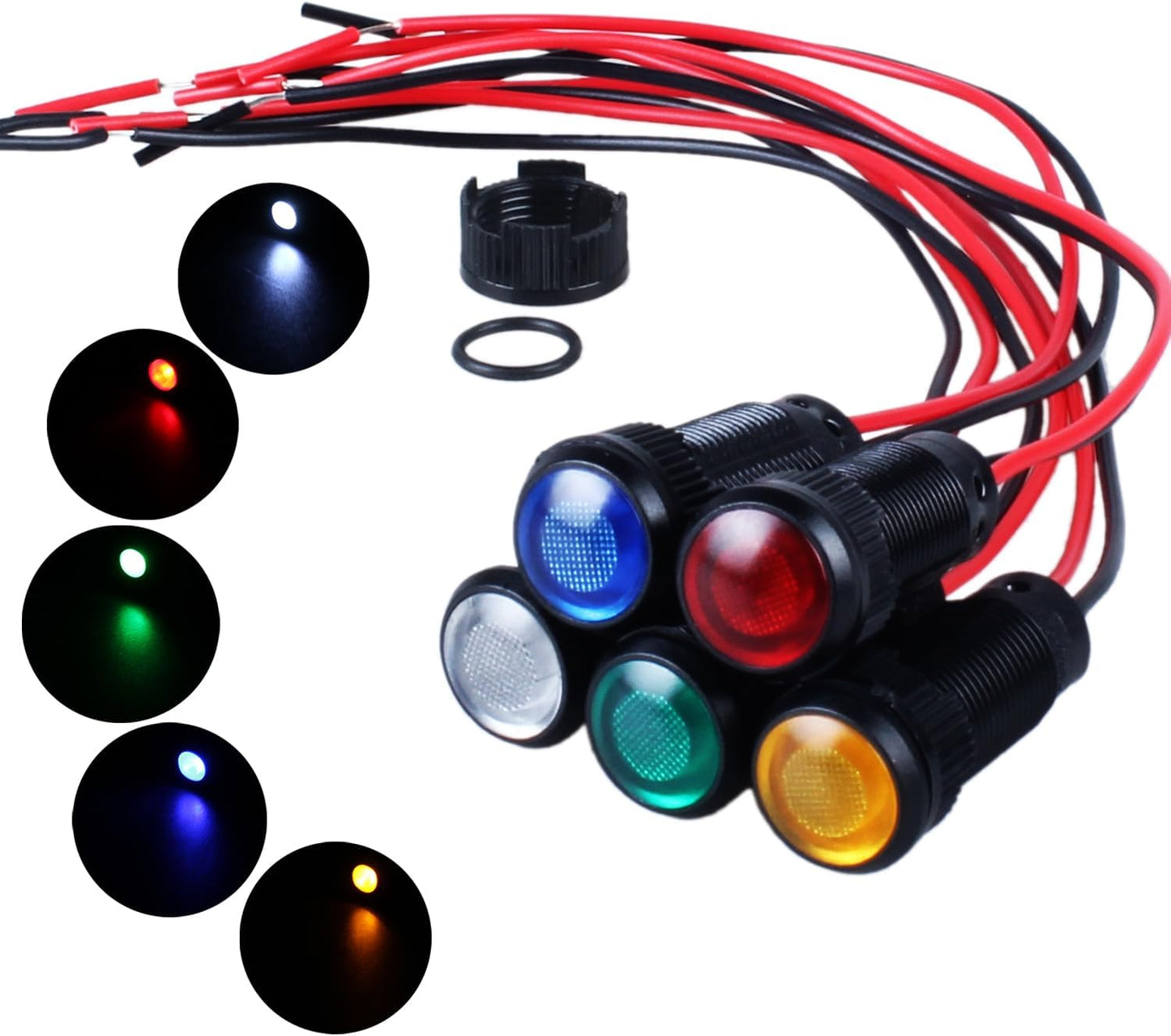 5pcs 10mm LED Indicator Light Plastic Black Signal Dot Lamp 12V-24V 2/5" Mounting Hole Size with 15cm/5.9in. Wire (Mix:Red White Yellow Blue Green)