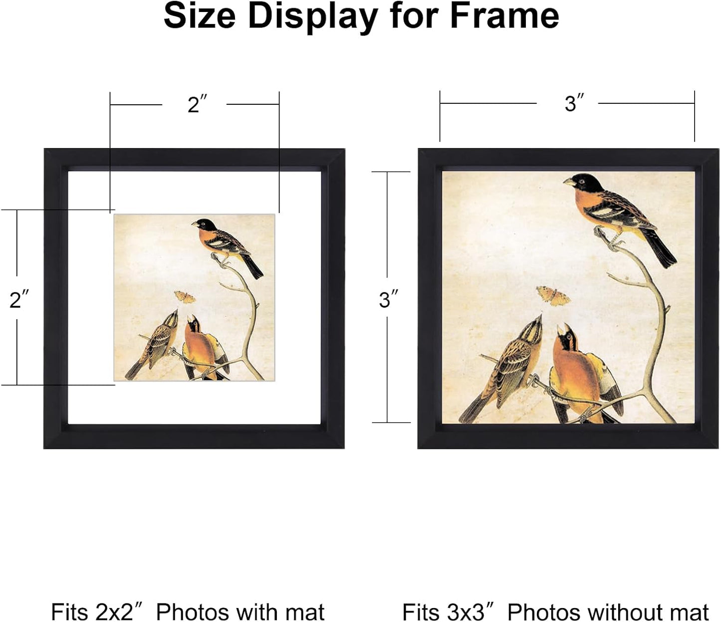 3x3 Picture Frame Set of 3, Black Metal Square Photo Frames with HD Glass, Fits 2x2 with Mat or 3 x 3 without Mat, Display for Wall and Table
