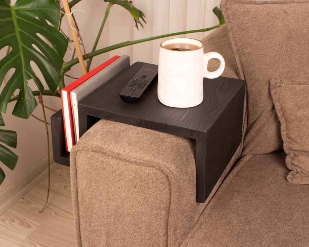 Wooden Couch Arm Tray – Sofa Armrest Table with Book & Magazine Holder, Perfect for Coffee & Remote Control, Solid Wood (Black)