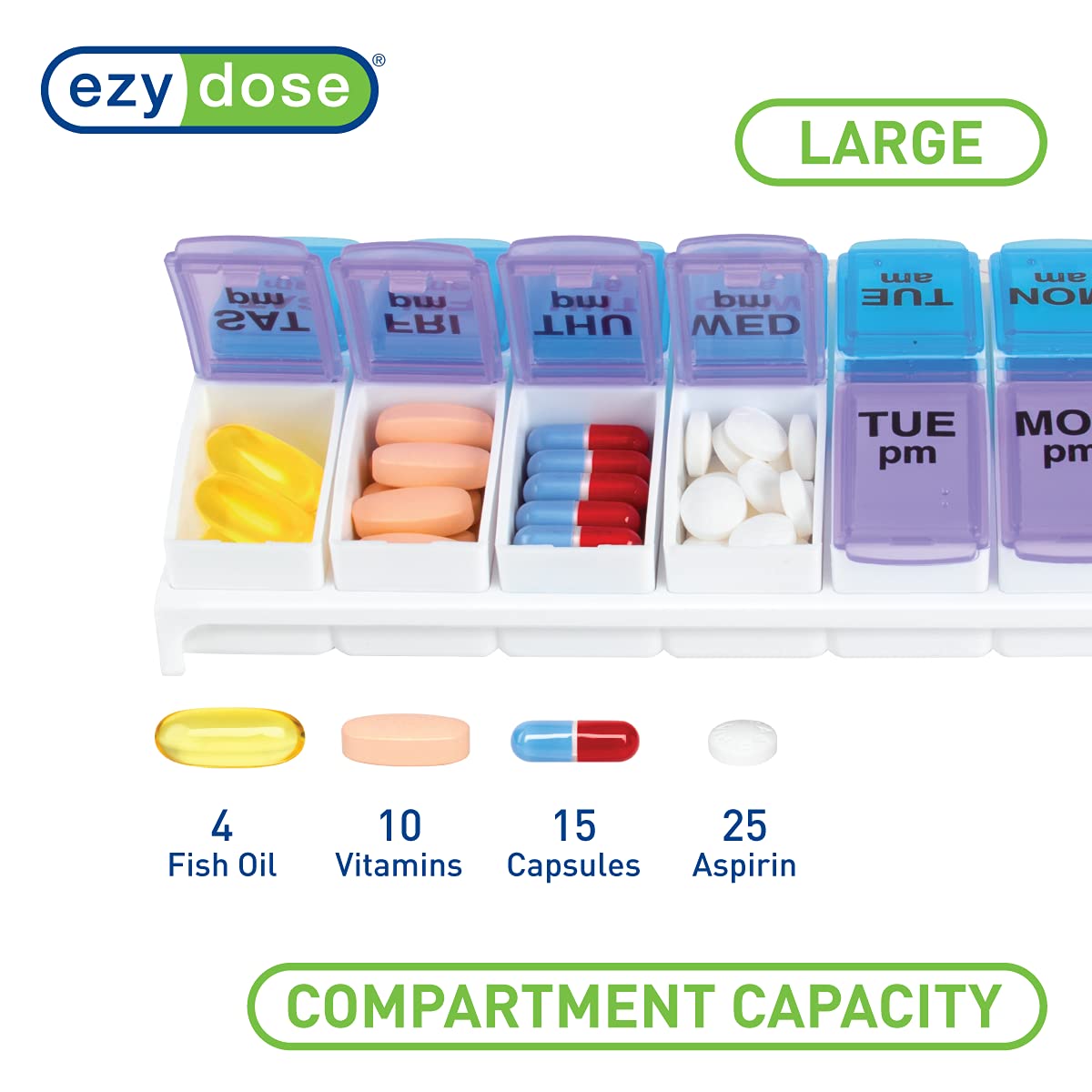 EZY DOSE Weekly AM/PM Pill Organizer, 7-Day Vitamin Container and Daily Medication Box with Large Pop-Out Compartments, 2 Times a Day Pill Holder, Blue and Purple Lids, Travel-Friendly Design