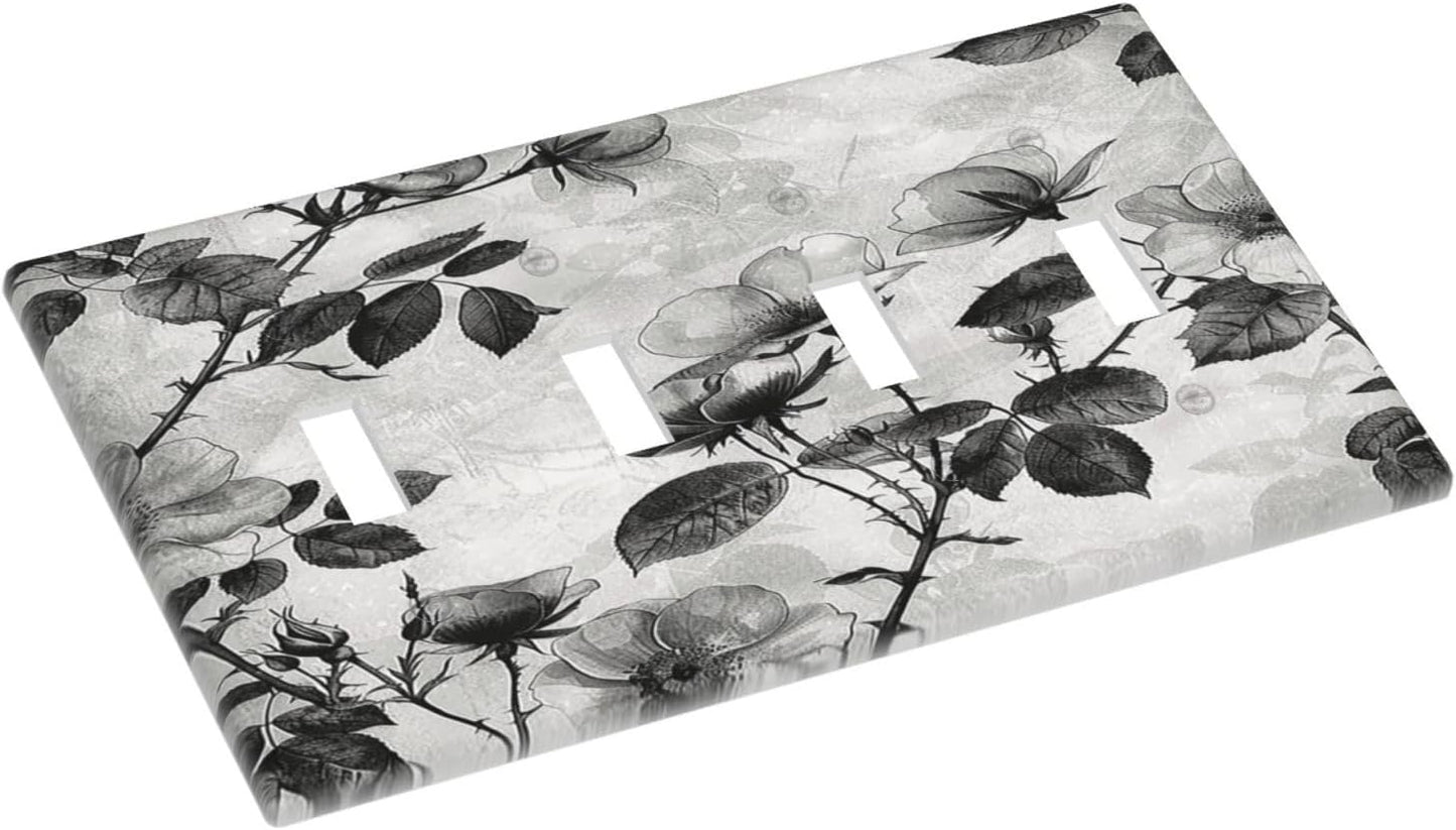 Light Switch Covers Black Breezy Watercolor Garden Floral Quad Toggle Electrical Faceplate 4 Gang Wall Plate Decorative Switch Plates for Bedroom Home Decor