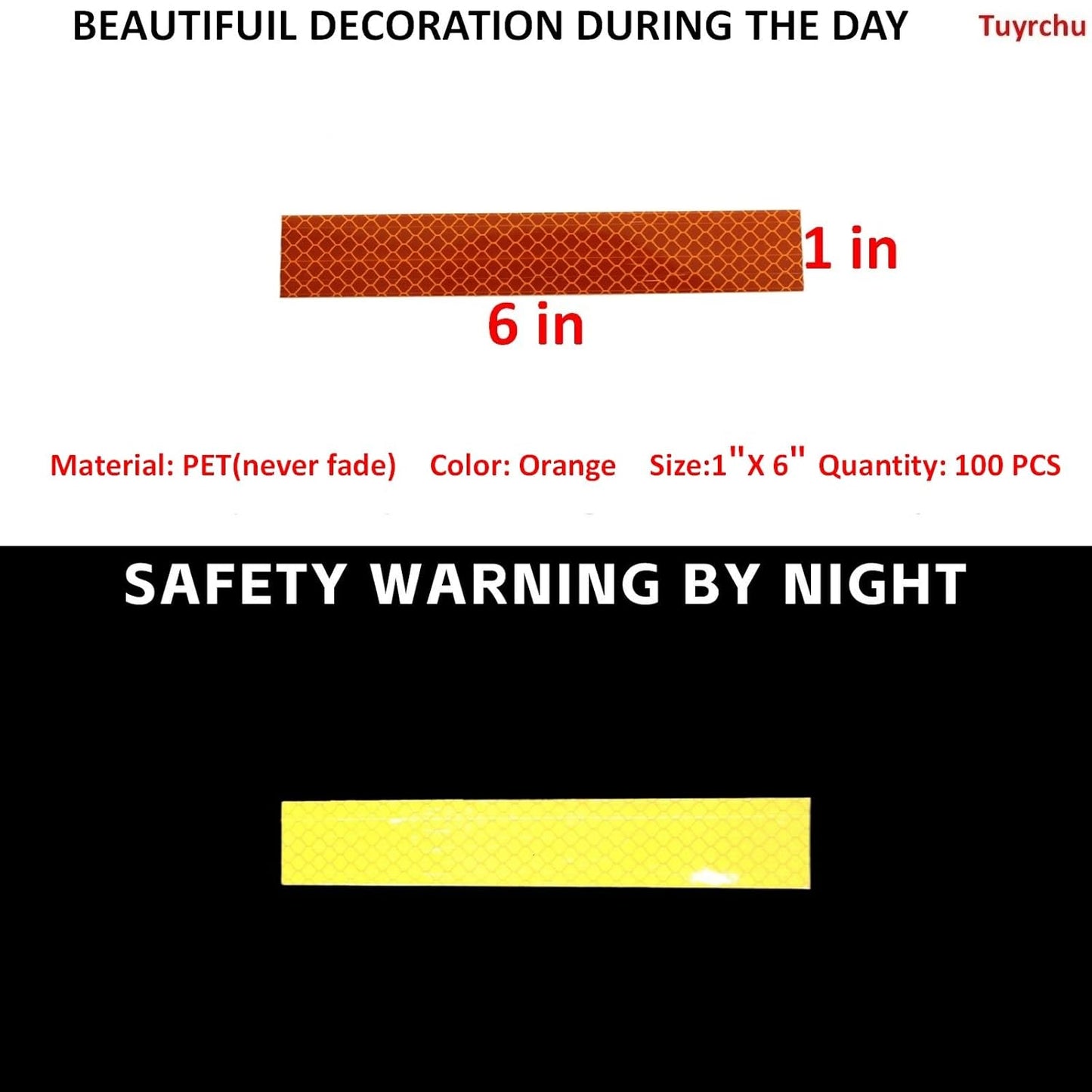 Non Fading Orange Reflective Stickers 1 inch X 6 inch, Outdoor Waterproof High Visibility Warning Safety Adhesive Reflector Tape (100 Pcs)