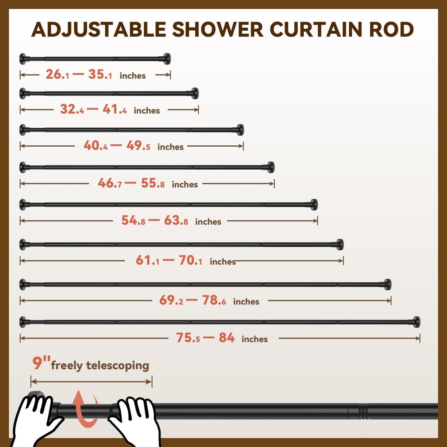 YASONIC Shower Curtain Rod 26-84 Inch, 1 Inch Diameter Tension Curtain Rods No Drilling, Black Shower Rods for Bathroom, Spring Loaded Curtain Rods Adjustable, Anti-Rust Non-Slip Easy Installation