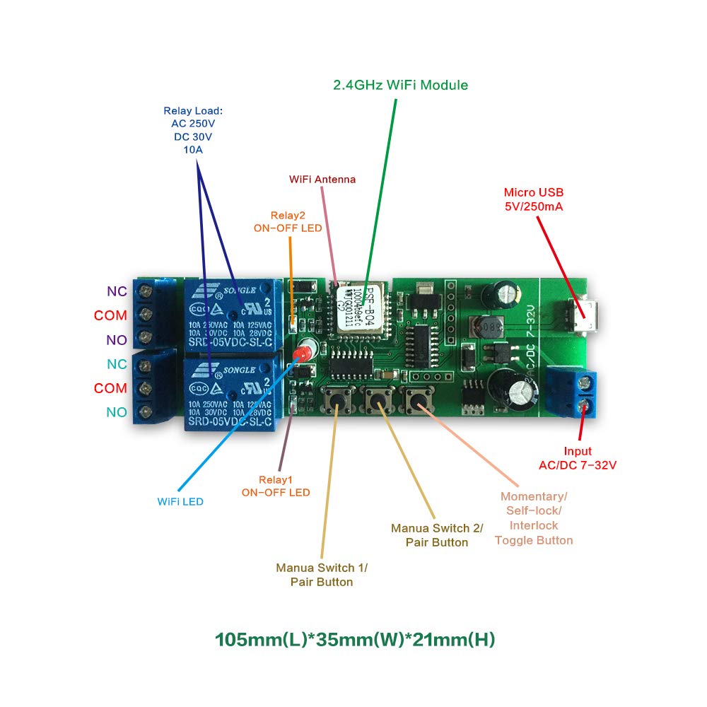 WiFi Wireless Smart Switch Relay Module for Smart Home 5V 5V/12V，Ba Applied to Access Control, Turn on PC, Garage Door (2CH WiFi Inching Relay)