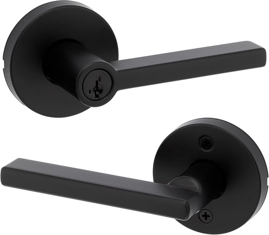Kwikset Halifax Keyed Storeroom Entry Door Handle with Lock and Key, Secure Keyed Reversible Lever Exterior, Front Entrance and Bedrooms, Matte Black, Pick Resistant SMT Rekey Security and Microban