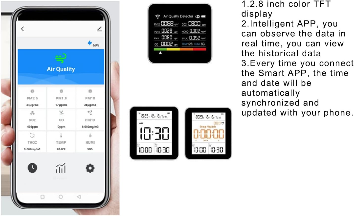 Ejoyous Air Quality Detector Indoor, 14 in 1 Smart Air Quality Monitor CO2 Detector with PM2.5 VOCs Temperature Humidity Sensor, for Home Office Travel Tuya APP Connected