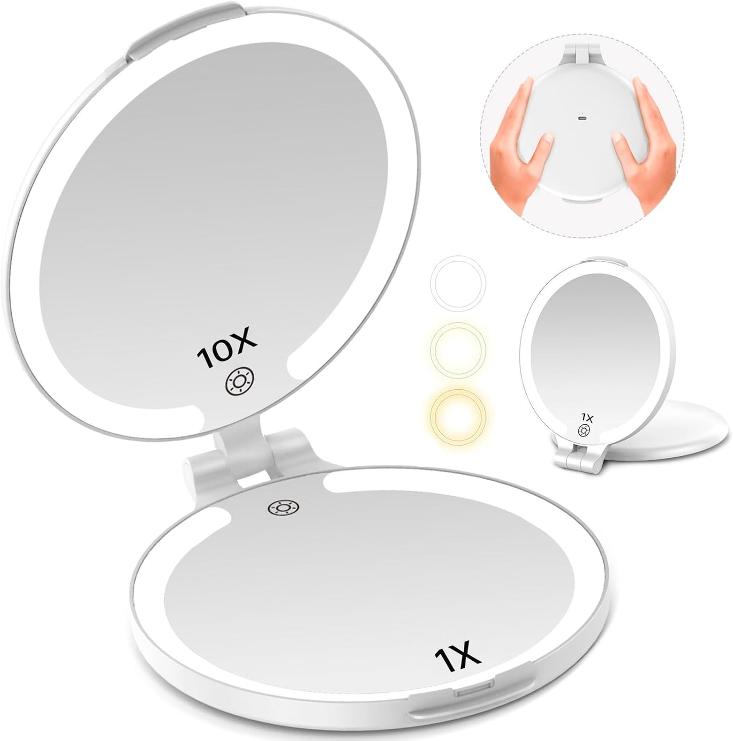 FUNTOUCH 7'' Travel Makeup Mirror with Lights 10X Magnifying, 3 Color Portable Double Side Vanity Compact Mirror with Rechargeable for Travel Essential, Gifts for Lover