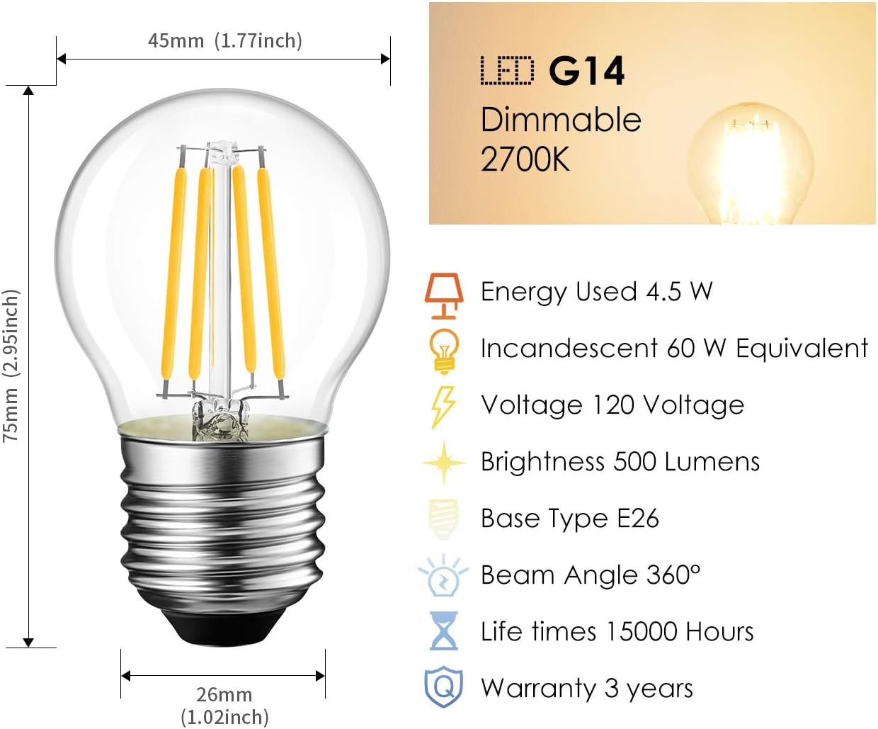 LVWIT G14 LED Filament Globe Bulb 4.5W(60W Equivalent), Dimmable 2700K Warm White Light E26 Screw Base, Decorative Edison Light Bulb, UL-Listed(12-Pack)