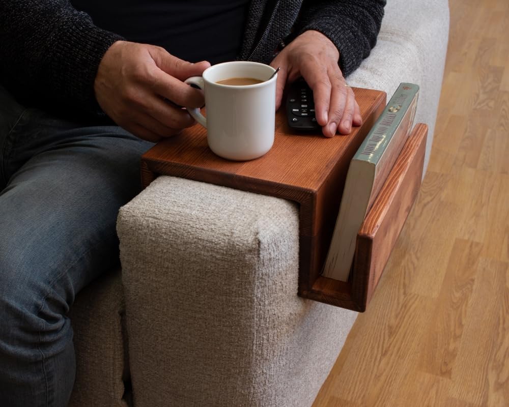 Wooden Couch Arm Tray – Sofa Armrest Table with Book & Magazine Holder, Perfect for Coffee & Remote Control, Solid Wood (Paris)