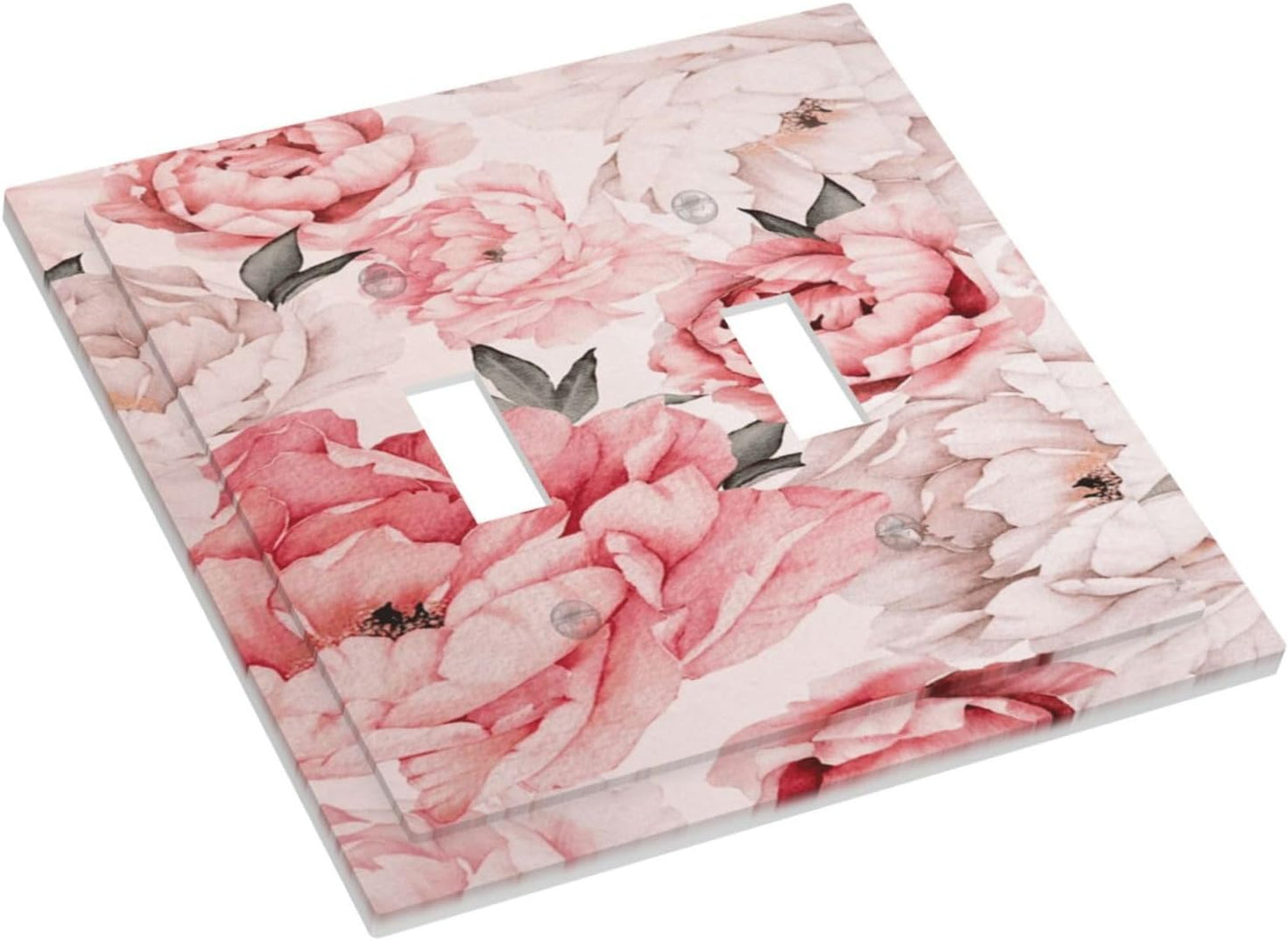 Decorative Light Switch Plate Covers Ink Pink Peony Flower Rustic Floral 2 Gang Light Switch Cover Unique Double Toggle Wall Plate Outlet Covers for Bedroom Home Decor （2 Pack）