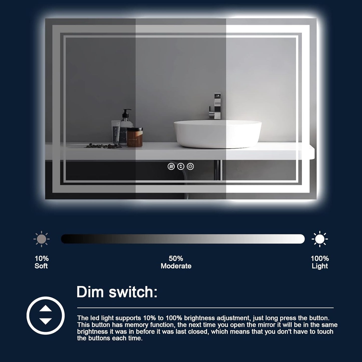 60 x 36 Inch LED Bathroom Mirror with Lights, Large Led Vanity Mirror,Backlit and Front Lighted Bathroom Mirror for Wall,Anti-Fog, 3 Colors Dimmable, Memory,ETL Listed