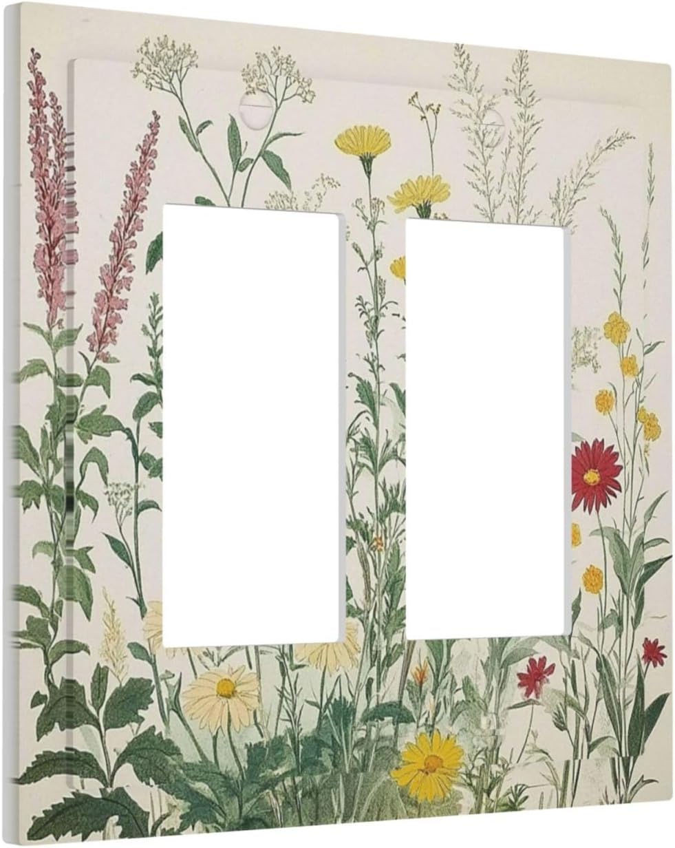 Rustic Wildflower Green Plants Daisy Floral Decorative Outlet Covers 2 Gang Double Gfci Rocker Electrical Wall Panels Light Switch Cover Plate For Farmhouse Bed Room Decor