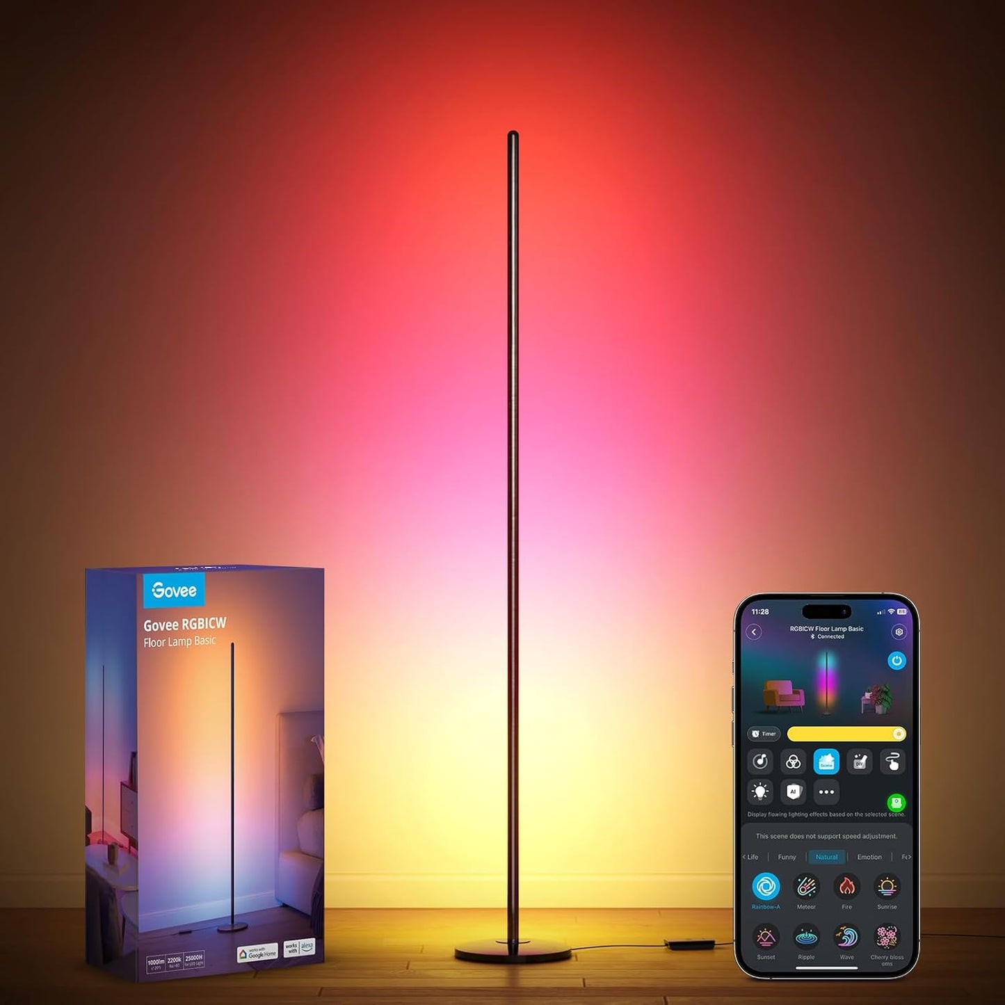 Govee RGBIC Floor Lamp Basic, LED Corner Lamp Works with Alexa, 1000 Lumen Smart Modern Floor Lamp with Music Sync and 16 Million DIY Colors, Color Changing Standing Lamp for Bedroom Living Room Black
