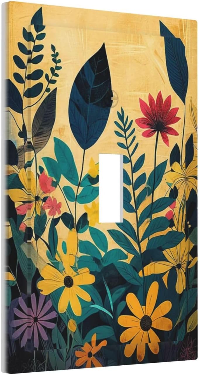 Abstract Minimalist Floral Botanical Boho Flower Single Toggle Light Switch Cover plate Outlet Cover Decorative Switchplate Wall Plates Electrical Panel Cover for Bathroom Living Room 5 X 3 IN