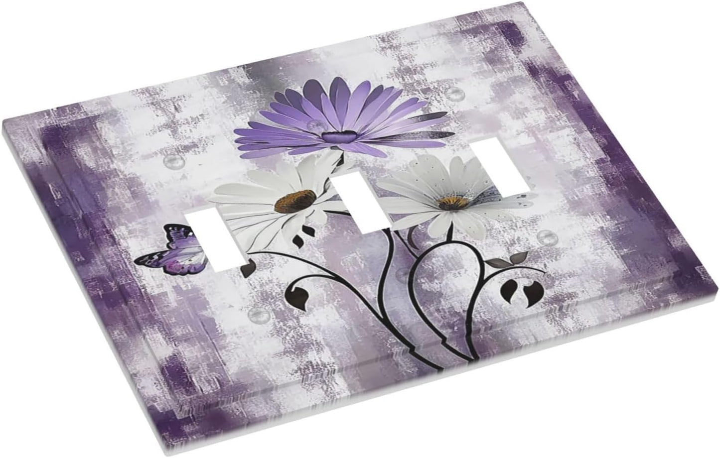 Light Switch Covers Purple Daisy White Floral Butterfly Flowers 3 Gang Wall Plates Triple Toggle Outlet Cover Decorative Switchplates Electrical Panel Cover for Kitchen Living Room 4.8 X 6.7 IN