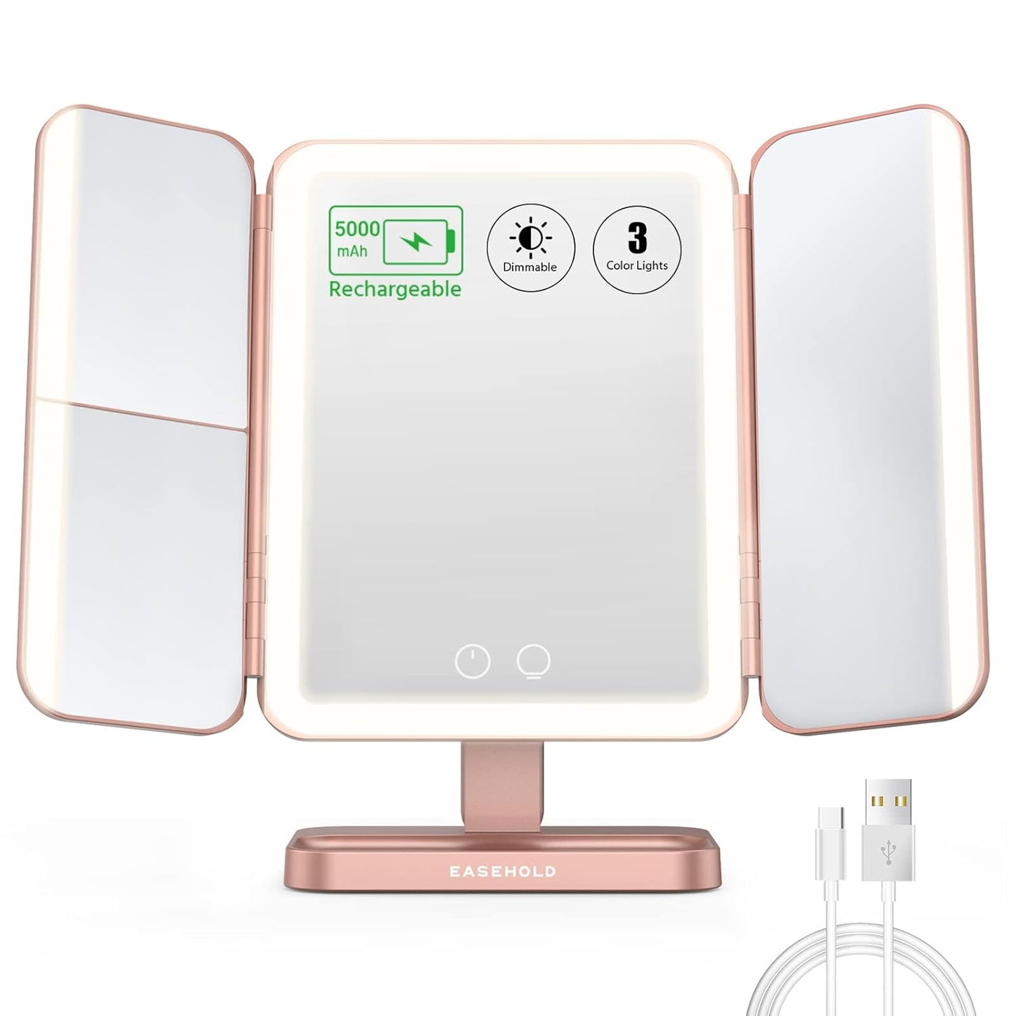 EASEHOLD Rechargeable Vanity Mirror with Lights, 116 LEDs Make up Mirror, 3-Color Lighted Makeup Mirror, 2X/3X/10X Magnification, 5000 mAh, Touch Sensor, Light up Mirror, Gifts for Women
