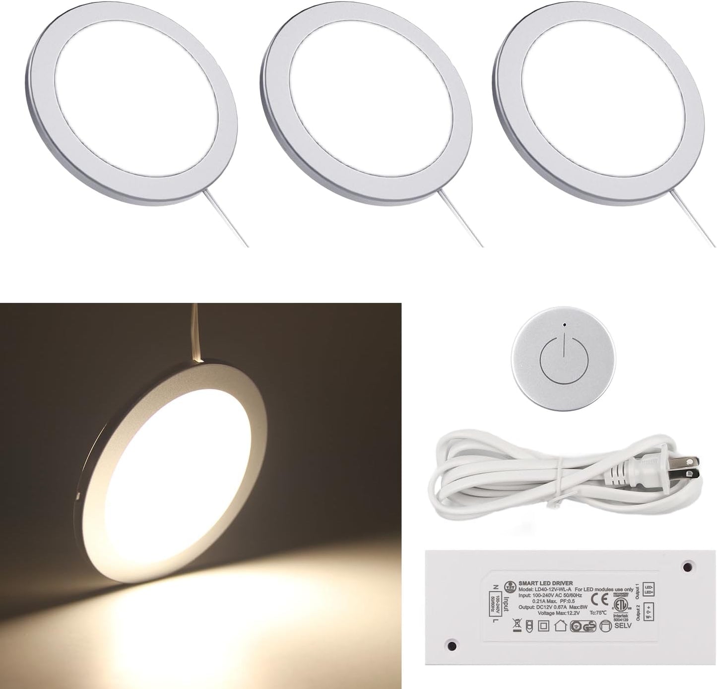 VST Under Cabinet Mini Panel Lighting 3PCS 3.94inch 12V 2.5W(Total 7.5W) with Wireless Dimmer Switch, Surface Mount Puck Light for Kitchen Van Truck Car Galley Downlight (Round White4000K)