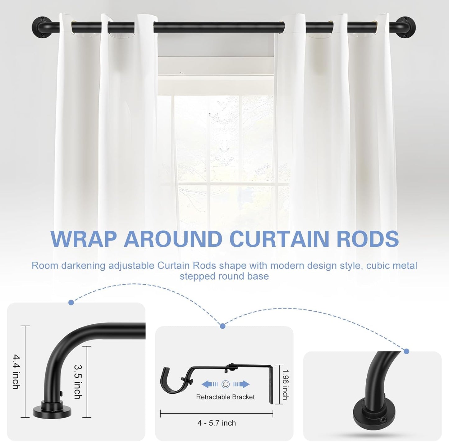 Black Wrap Around Curtain Rods 2Pack:Blackout Heavy duty Adjustable Window Curtain Rod for Bedroom,Industrial Darkening Curved French Metal Single Drapery Rods Easy Install,Matte Black 48-90"