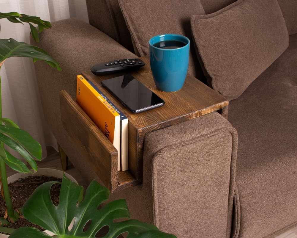 Wooden Couch Arm Tray – Sofa Armrest Table with Book & Magazine Holder, Perfect for Coffee & Remote Control, Solid Wood (Vancouver)